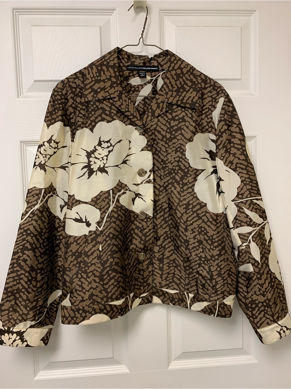 Linda Allard Ellen Tracy Brown & Cream Floral Jacket Size 14P